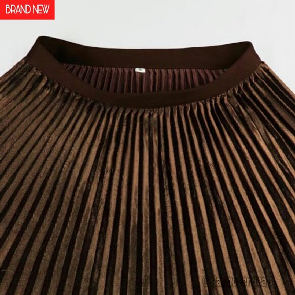 Pleated A-Line High Waist Swing Flare Midi Skirt Wrinkle Resistant Polyester - Picture 7 of 7